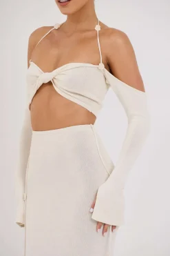 Twist Tie Halter Long Sleeve Bra Top And Maxi Skirt Set