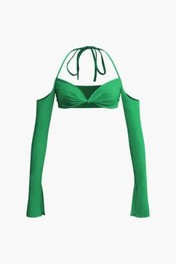 Twist Tie Halter Long Sleeve Bra Top And Maxi Skirt Set