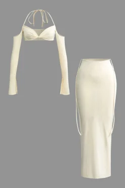 Twist Tie Halter Long Sleeve Bra Top And Maxi Skirt Set