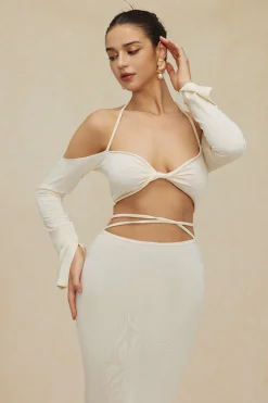 Twist Tie Halter Long Sleeve Bra Top And Maxi Skirt Set