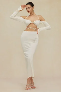 Twist Tie Halter Long Sleeve Bra Top And Maxi Skirt Set