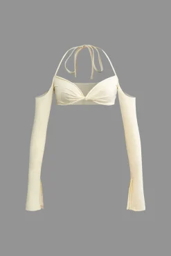 Twist Tie Halter Long Sleeve Bra Top And Maxi Skirt Set