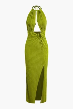 U-Ring Detail Halter Slit Backless Maxi Dress