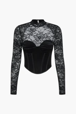 Velvet Patchwork Corset Backless Long-Sleeve Top