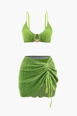 Velvet Textured U-ring Bikini And Sarong 3pc Set