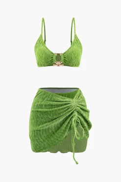 Velvet Textured U-ring Bikini And Sarong 3pc Set