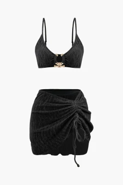 Velvet Textured U-ring Bikini And Sarong 3pc Set