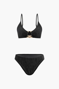 Velvet Textured U-ring Bikini And Sarong 3pc Set