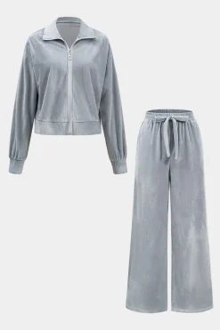 Velvet Zipper Top And Wide Leg Pants Set