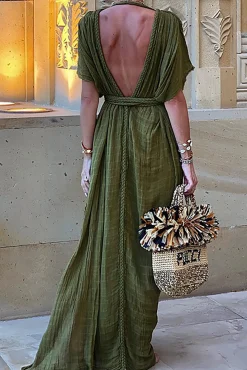 V-Neck Backless Slit Maxi Dress