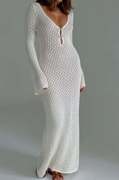V-neck Crochet Open Knit Long Sleeve Maxi Dress