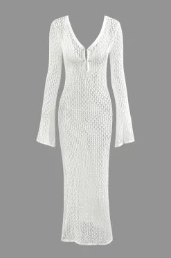 V-neck Crochet Open Knit Long Sleeve Maxi Dress