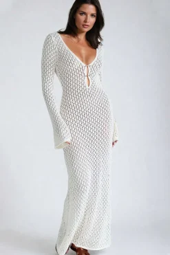 V-neck Crochet Open Knit Long Sleeve Maxi Dress