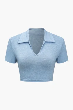 V-neck Cropped Top And Double Waistband Shorts Set