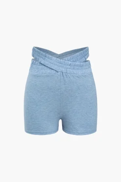 V-neck Cropped Top And Double Waistband Shorts Set