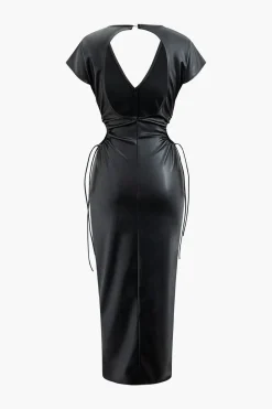 V-neck Faux Leather Cut Out Drawstring Midi Dress