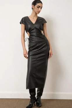 V-neck Faux Leather Cut Out Drawstring Midi Dress