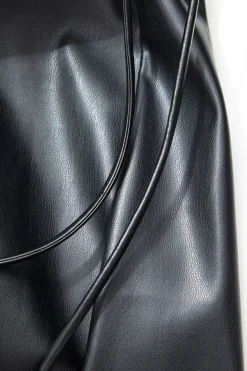 V-neck Faux Leather Cut Out Drawstring Midi Dress