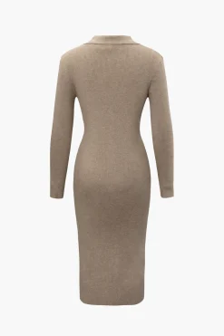 V-Neck Long Sleeve Mid-Length Sweater Dress