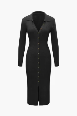 V-Neck Long Sleeve Mid-Length Sweater Dress