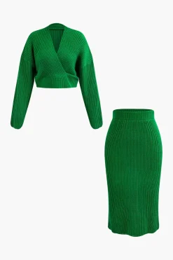 V-neck Long Sleeve Sweater And Skirt Set