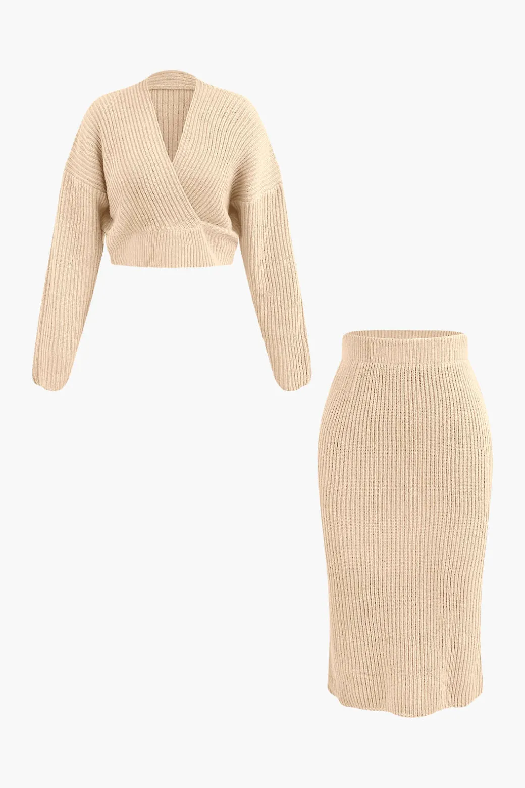 V-neck Long Sleeve Sweater And Skirt Set