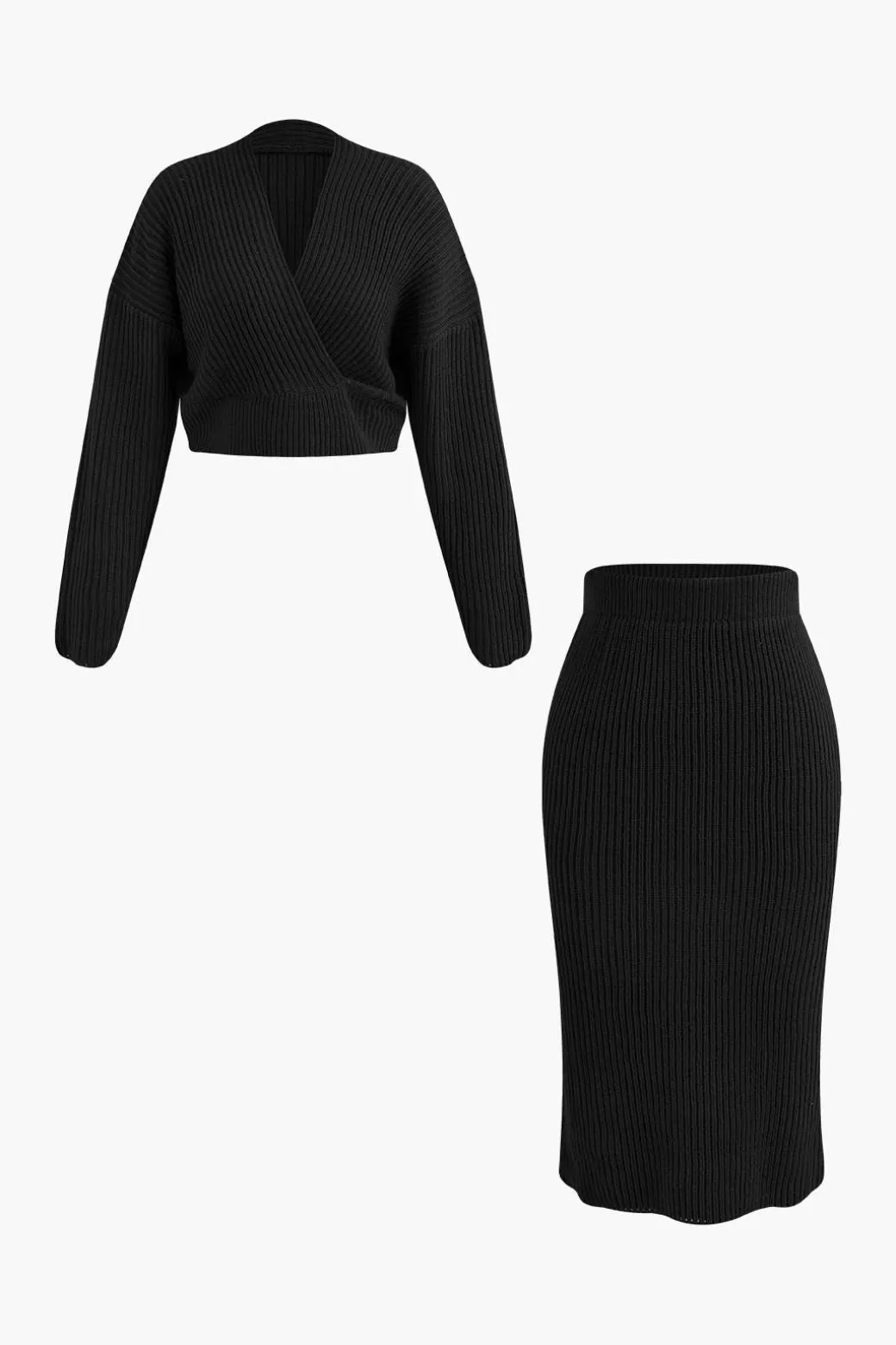 V-neck Long Sleeve Sweater And Skirt Set