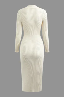 V-neck Rib Knit Collar Button Long Sleeve Midi Dress