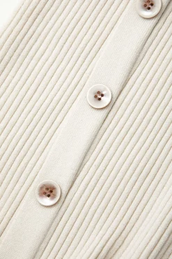 V-neck Rib Knit Collar Button Long Sleeve Midi Dress