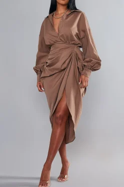V-Neck Ruched Slit Midi Dress