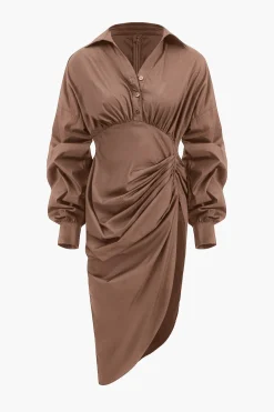 V-Neck Ruched Slit Midi Dress