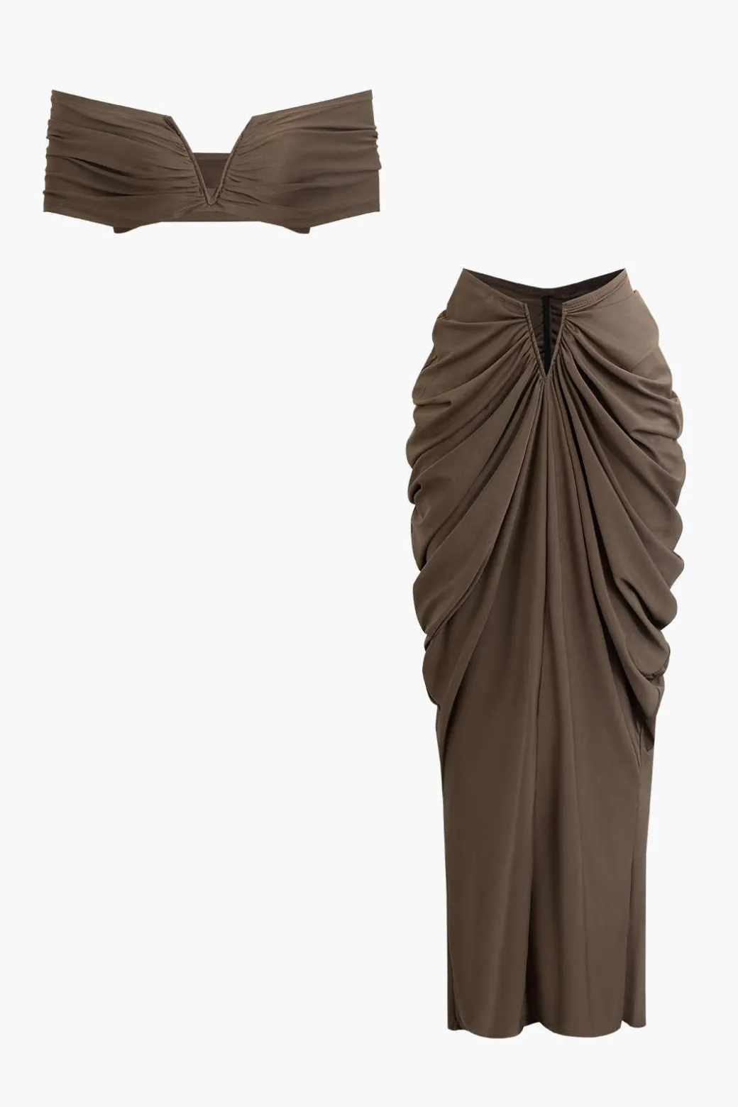 V-neck Ruched Top And V-shape Cut Waist Maxi Skirt Set