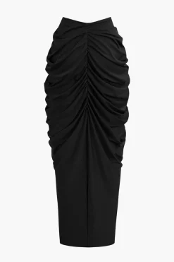 V-neck Ruched Top And V-shape Cut Waist Maxi Skirt Set
