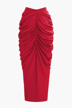 V-neck Ruched Top And V-shape Cut Waist Maxi Skirt Set