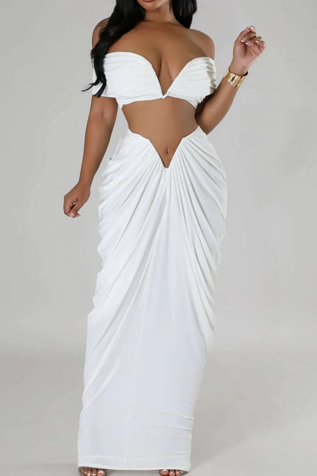 V-neck Ruched Top And V-shape Cut Waist Maxi Skirt Set