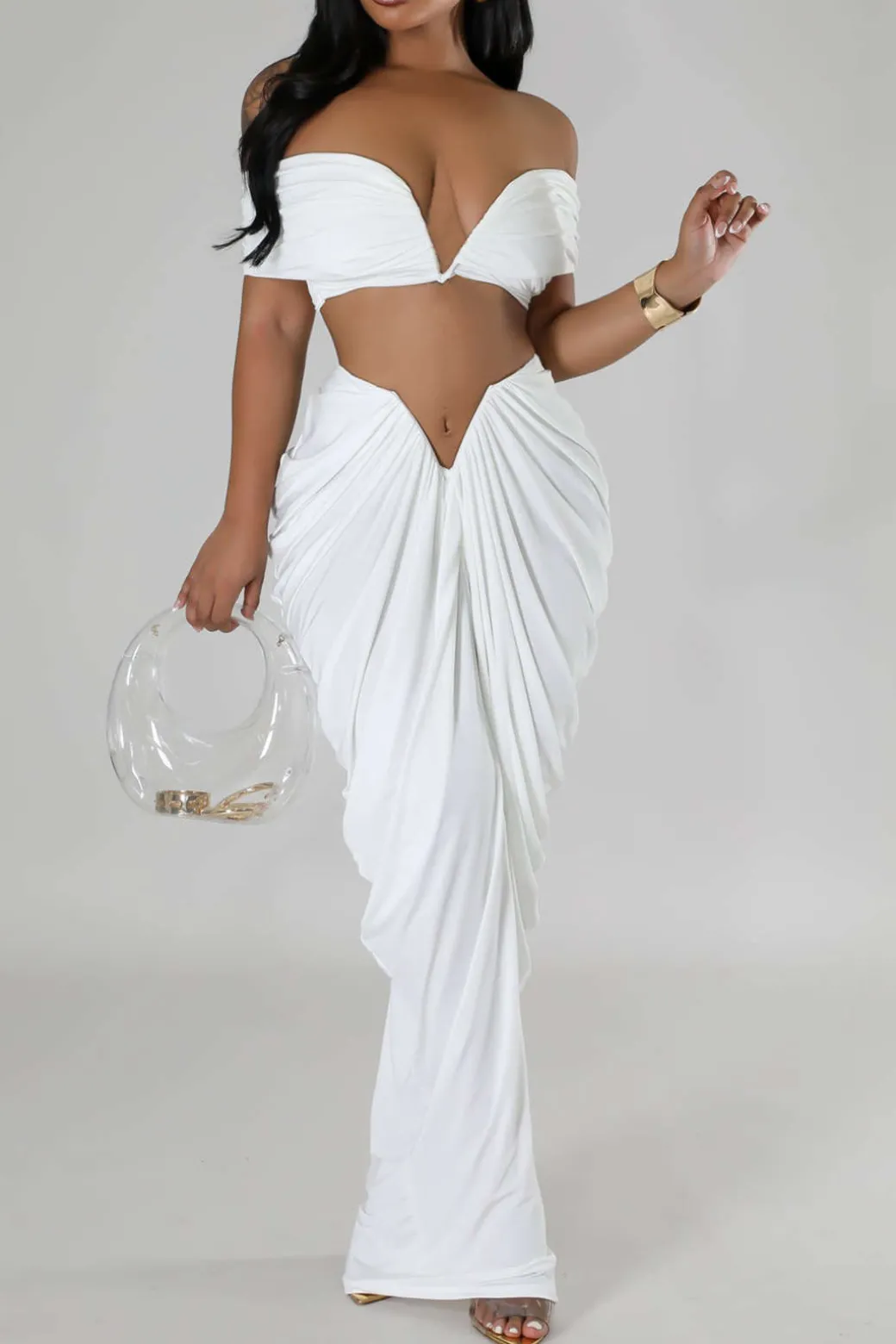 V-neck Ruched Top And V-shape Cut Waist Maxi Skirt Set