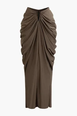V-neck Ruched Top And V-shape Cut Waist Maxi Skirt Set