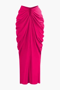 V-neck Ruched Top And V-shape Cut Waist Maxi Skirt Set