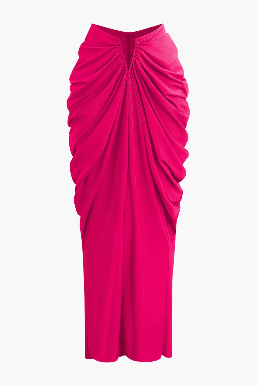 V-neck Ruched Top And V-shape Cut Waist Maxi Skirt Set