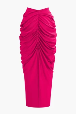 V-neck Ruched Top And V-shape Cut Waist Maxi Skirt Set