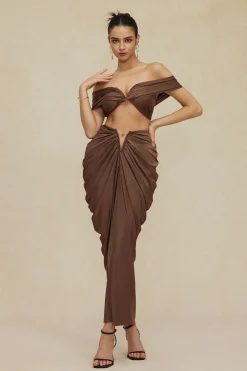 V-neck Ruched Top And V-shape Cut Waist Maxi Skirt Set