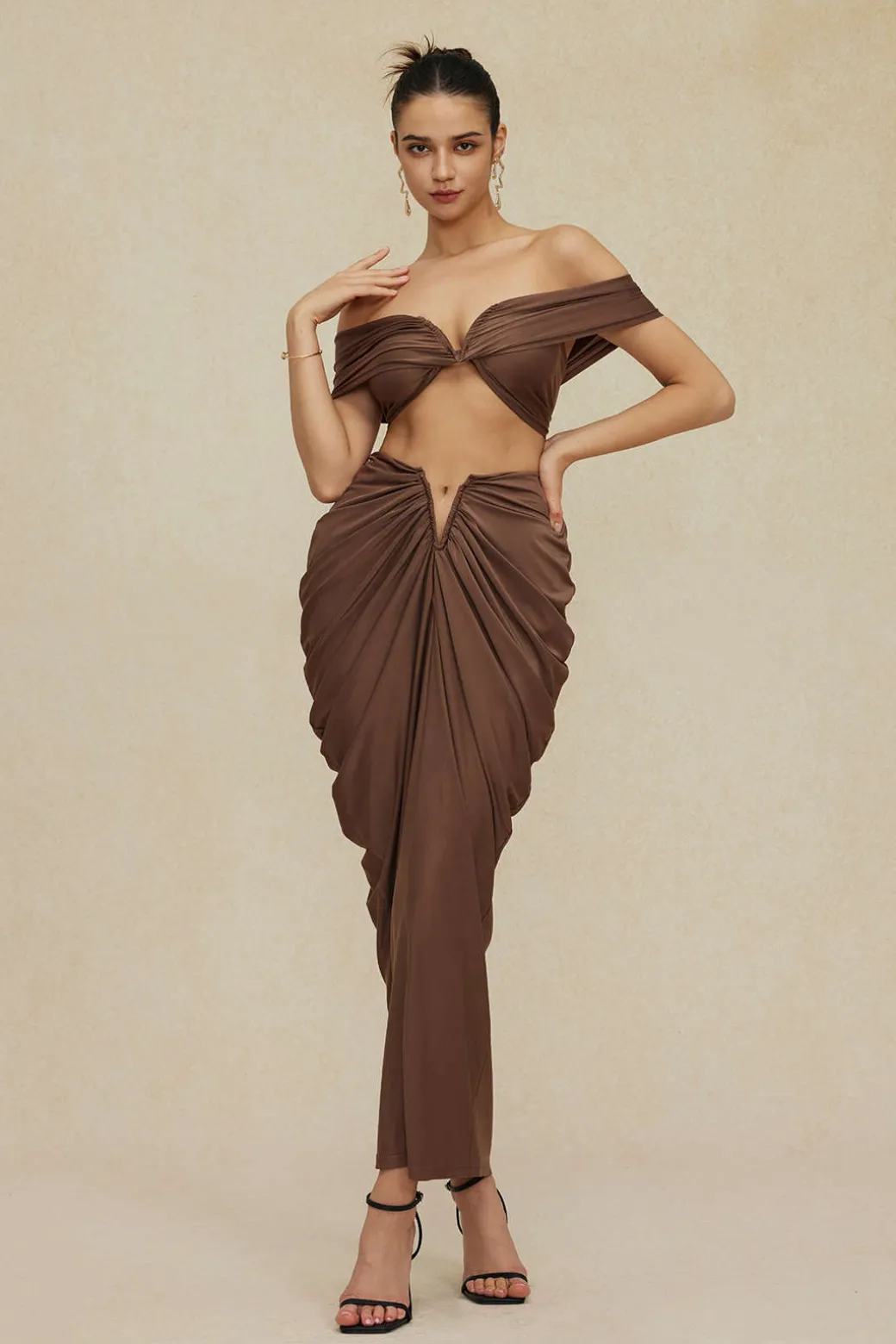 V-neck Ruched Top And V-shape Cut Waist Maxi Skirt Set