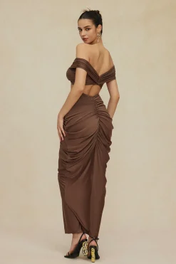 V-neck Ruched Top And V-shape Cut Waist Maxi Skirt Set