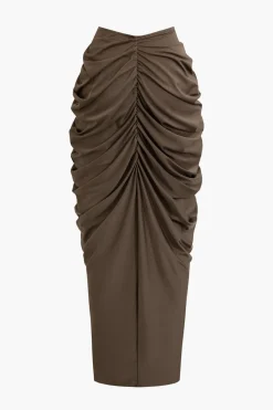 V-neck Ruched Top And V-shape Cut Waist Maxi Skirt Set