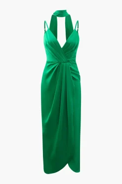 V-neck Satin Pleated Dress With Neck Scarf