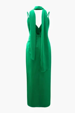 V-neck Satin Pleated Dress With Neck Scarf