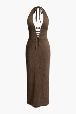 V-neck Tie Halter Slit Midi Dress