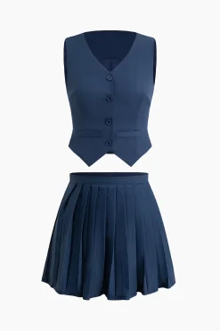 V-neck Vest And Pleated Mini Skirt Set