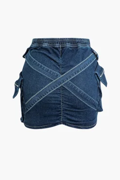 V-waist Buckle Flap Pocket Denim Cargo Skirt