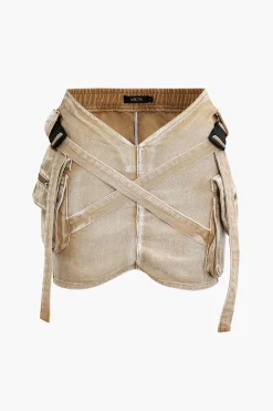 V-waist Buckle Flap Pocket Denim Cargo Skirt